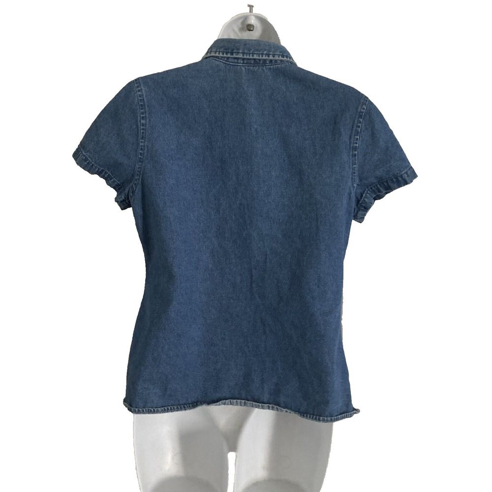 Basic Editions Shirt Womens Small Blue Denim Embroidered Short Sleeve Blouse Y2K - Picture 4 of 10